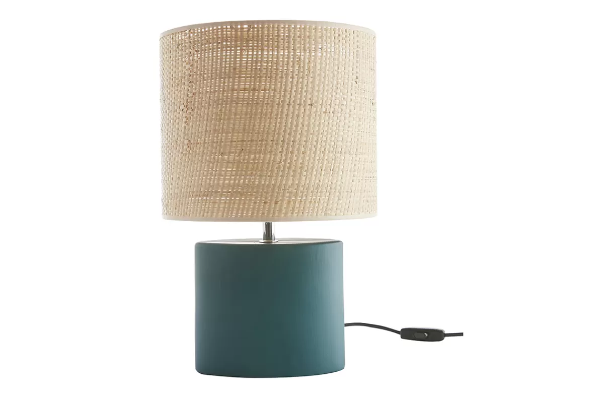 Miliboo Lámpara De Mesa | Lámpara De Mesa-Lámpara de mesa de cerámica azul petróleo mate con pantalla de rafia natural 40 cm TIGA