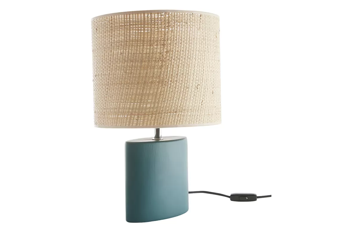 Miliboo Lámpara De Mesa | Lámpara De Mesa-Lámpara de mesa de cerámica azul petróleo mate con pantalla de rafia natural 40 cm TIGA