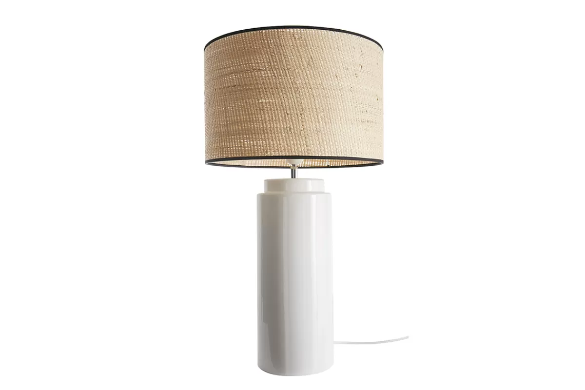 Miliboo Lámpara De Mesa | Lámpara De Mesa-Lámpara de mesa de cerámica esmaltada blanca con pantalla de rafia natural 64 cm MAJES