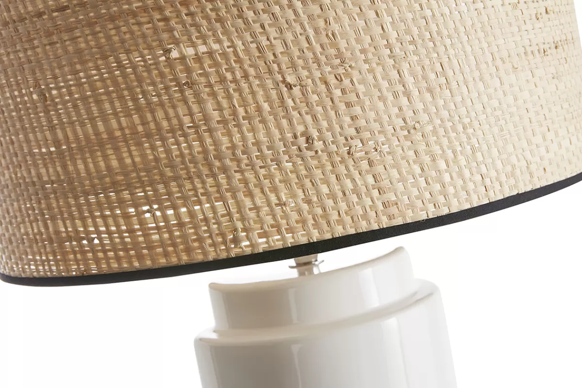 Miliboo Lámpara De Mesa | Lámpara De Mesa-Lámpara de mesa de cerámica esmaltada blanca con pantalla de rafia natural 64 cm MAJES