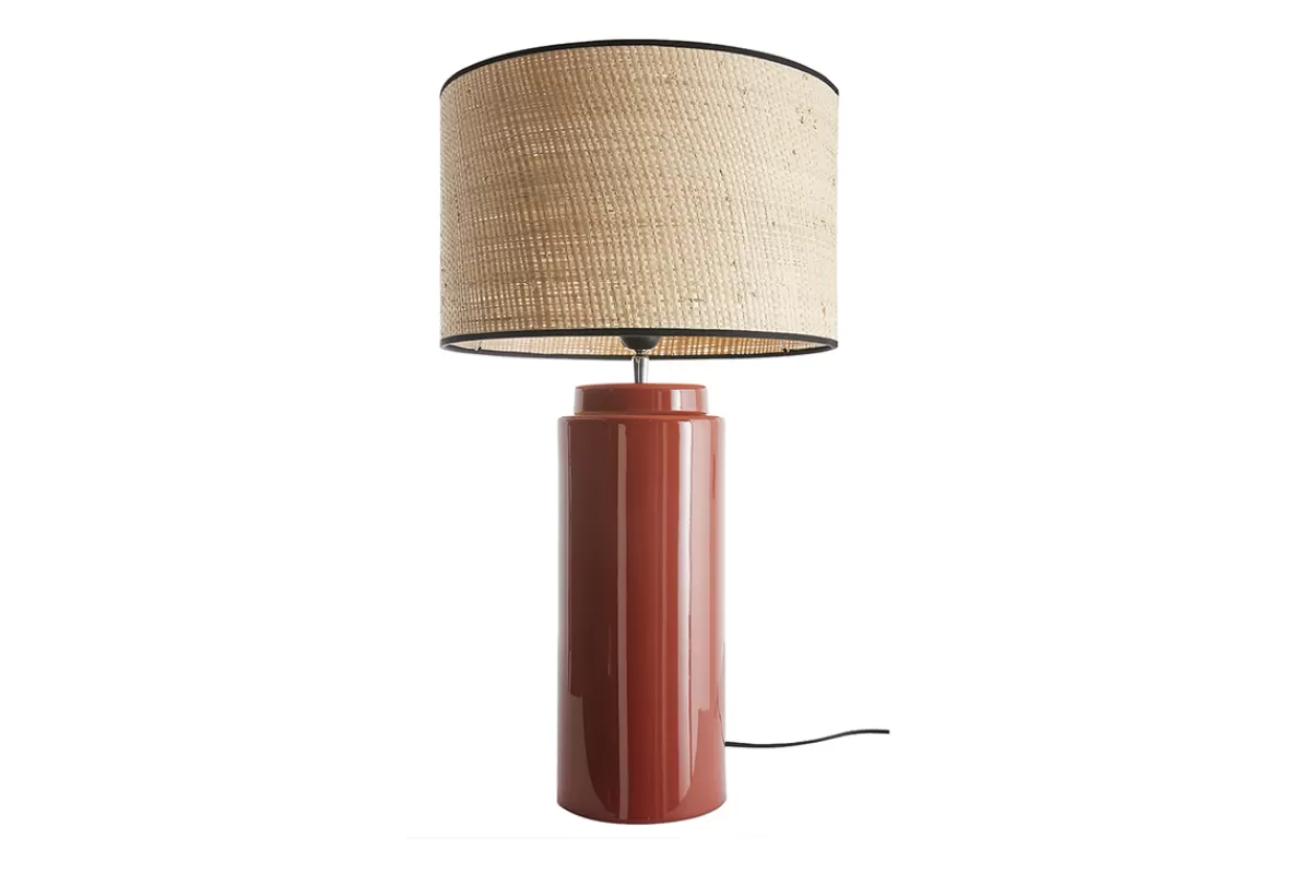 Miliboo Lámpara De Mesa | Lámpara De Mesa-Lámpara de mesa de cerámica esmaltada terracota con pantalla de rafia natural 64 cm MAJES