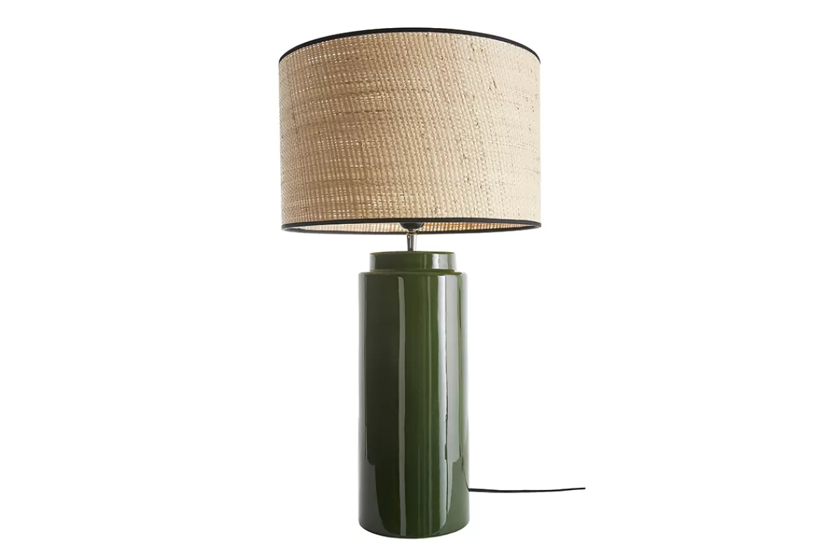 Miliboo Lámpara De Mesa | Lámpara De Mesa-Lámpara de mesa de cerámica esmaltada verde con pantalla de rafia natural 64 cm MAJES