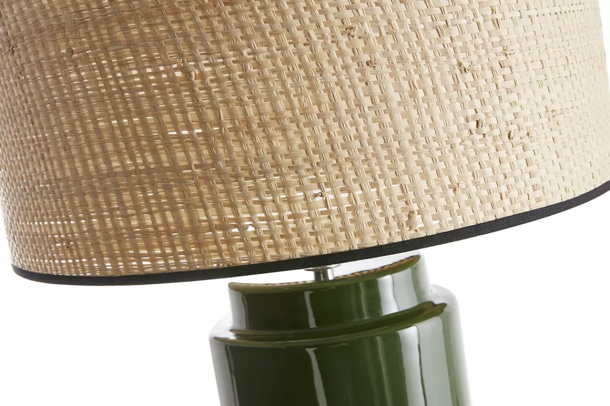 Miliboo Lámpara De Mesa | Lámpara De Mesa-Lámpara de mesa de cerámica esmaltada verde con pantalla de rafia natural 64 cm MAJES
