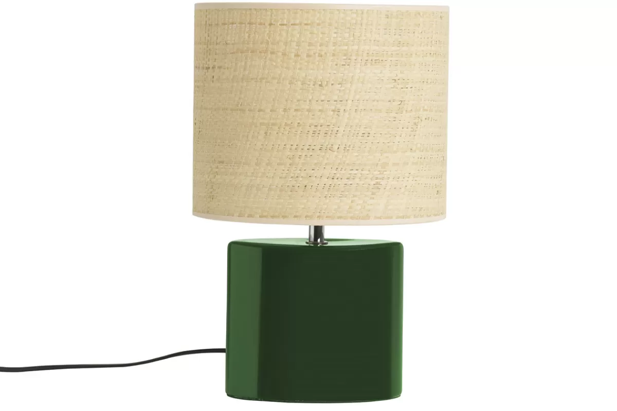 Miliboo Lámpara De Mesa | Lámpara De Mesa-Lámpara de mesa de cerámica verde oscuro con pantalla de rafia natural 40 cm TIGA