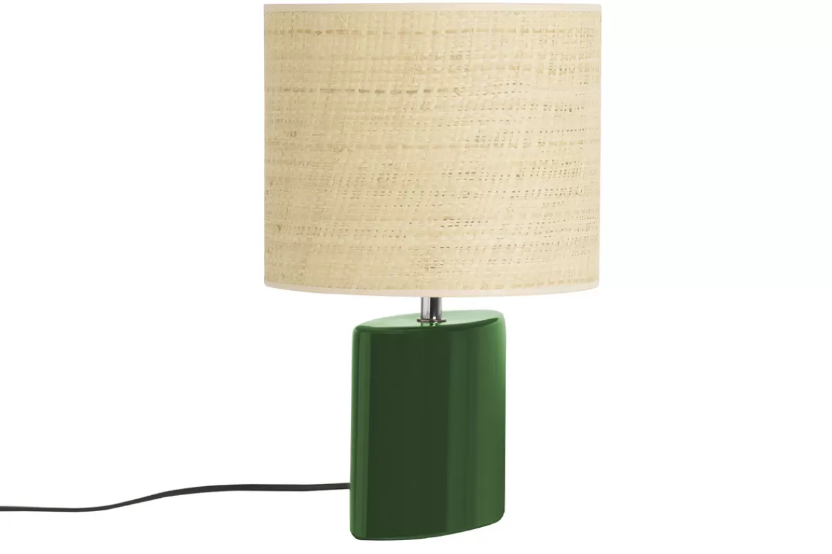 Miliboo Lámpara De Mesa | Lámpara De Mesa-Lámpara de mesa de cerámica verde oscuro con pantalla de rafia natural 40 cm TIGA