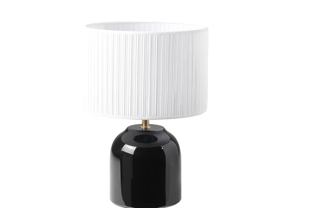 Miliboo Lámpara De Mesa | Lámpara De Mesa-Lámpara de mesa negra de cerámica brillante con pantalla de tela plisada blanca 35 cm PIEGA