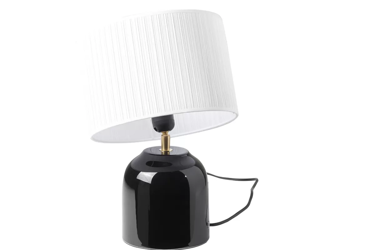 Miliboo Lámpara De Mesa | Lámpara De Mesa-Lámpara de mesa negra de cerámica brillante con pantalla de tela plisada blanca 35 cm PIEGA