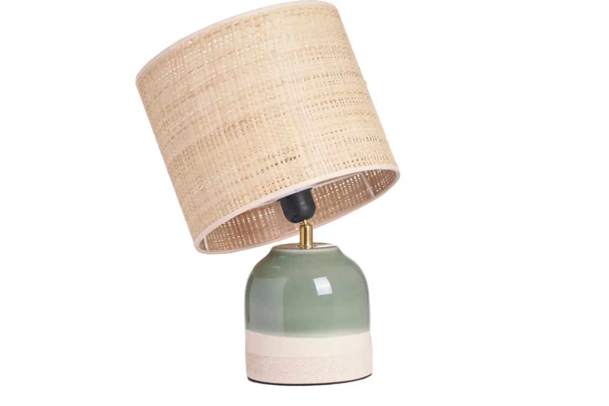 Miliboo Lámpara De Mesa | Lámpara De Mesa-Lámpara de mesa verde de cerámica y pantalla de mimbre H35 cm PIEGA