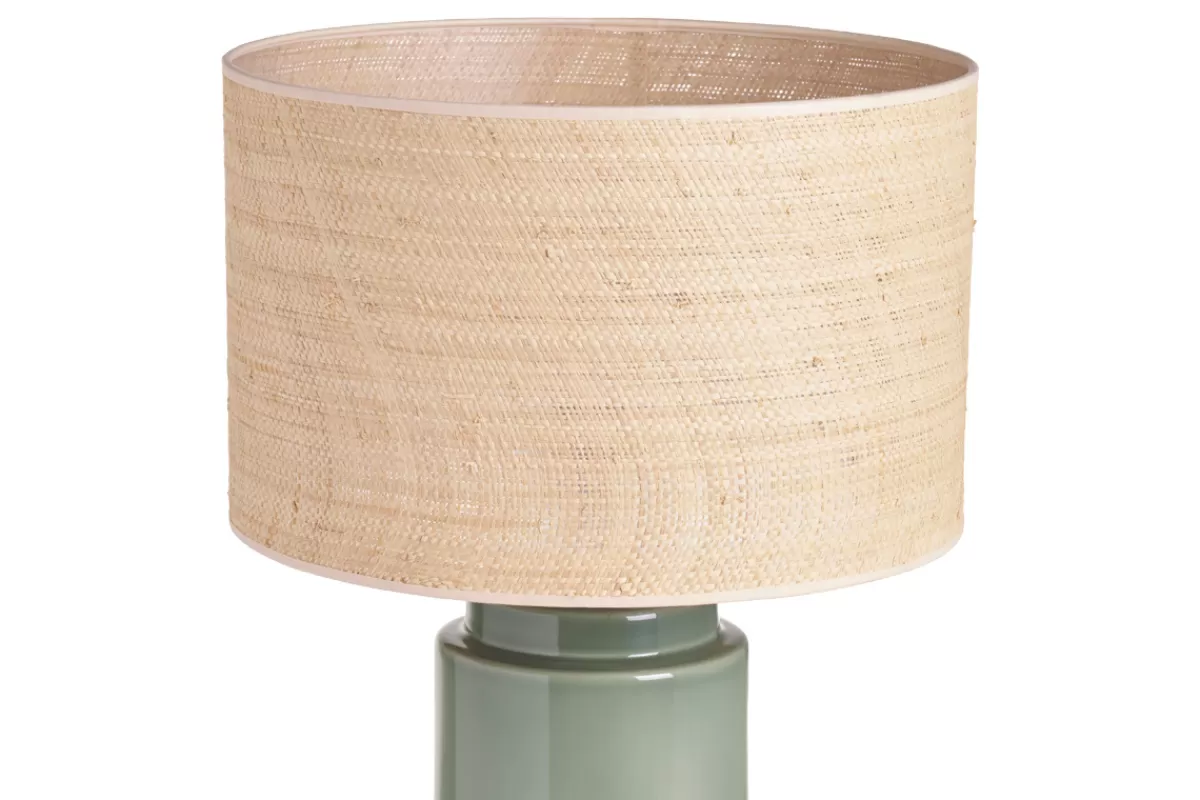 Miliboo Lámpara De Mesa | Lámpara De Mesa-Lámpara de mesa verde de cerámica y pantalla de rafia H64 cm MAJES