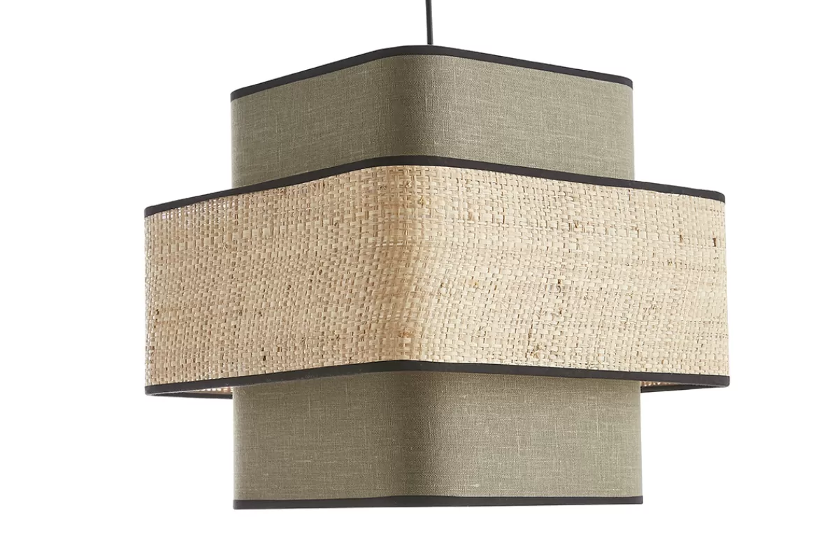 Miliboo Lámpara De Techo | Lámpara De Techo-Lámpara de techo colgante de lino verde caqui y rafia natural 35 cm TERA