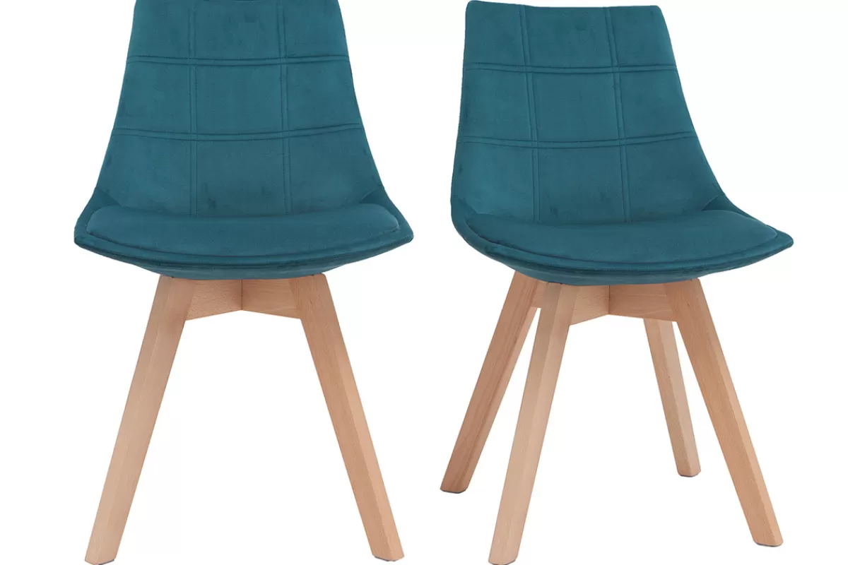 Miliboo Sillas Modernas-Lote de 2 sillas diseño nórdico madera y terciopelo azul petróleo MATILDE