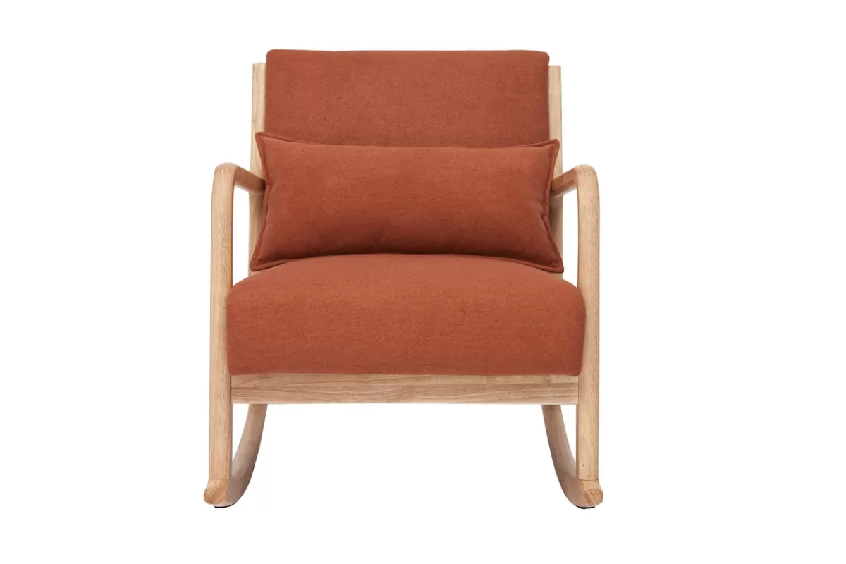 Miliboo Sillón-Mecedora de tejido efecto aterciopelado terracota y madera clara maciza DERRY
