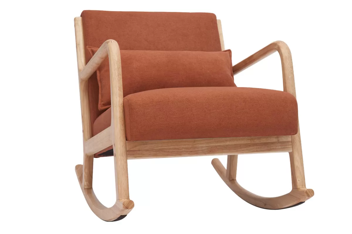 Miliboo Sillón-Mecedora de tejido efecto aterciopelado terracota y madera clara maciza DERRY