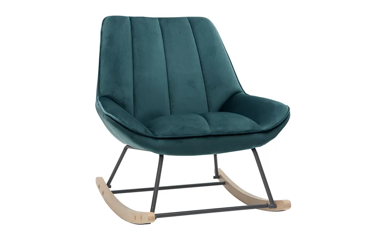 Miliboo Mecedoras | Sillón-Mecedora moderna en tejido efecto terciopelo azul petróleo BILLIE
