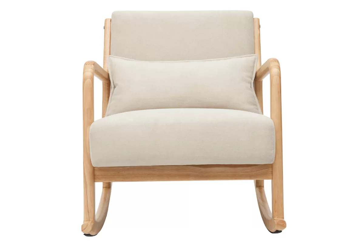 Miliboo Mecedoras | Sillón-Mecedora nórdica de madera clara y tela efecto aterciopelado beige DERRY