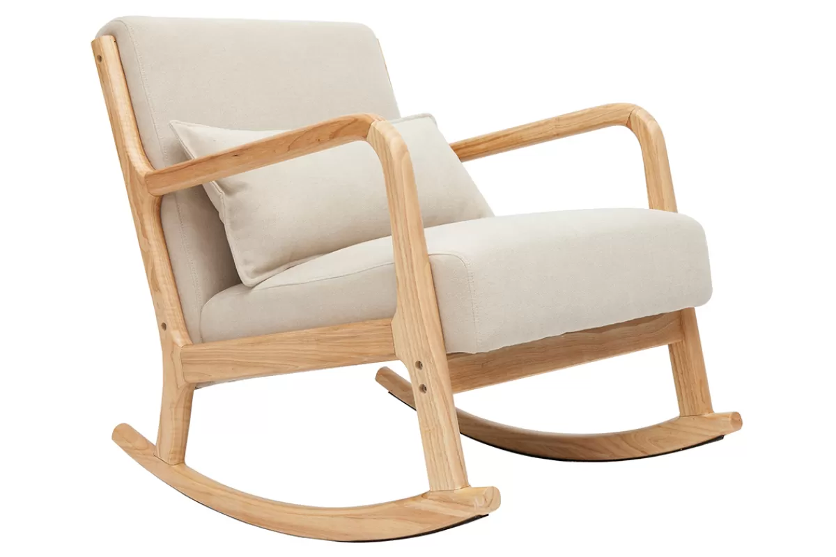 Miliboo Mecedoras | Sillón-Mecedora nórdica de madera clara y tela efecto aterciopelado beige DERRY