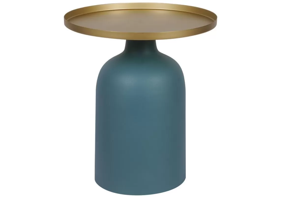 Miliboo Mesilla Auxiliar-Mesa auxiliar de diseño redondo de metal azul petróleo mate y tablero dorado RAMSES