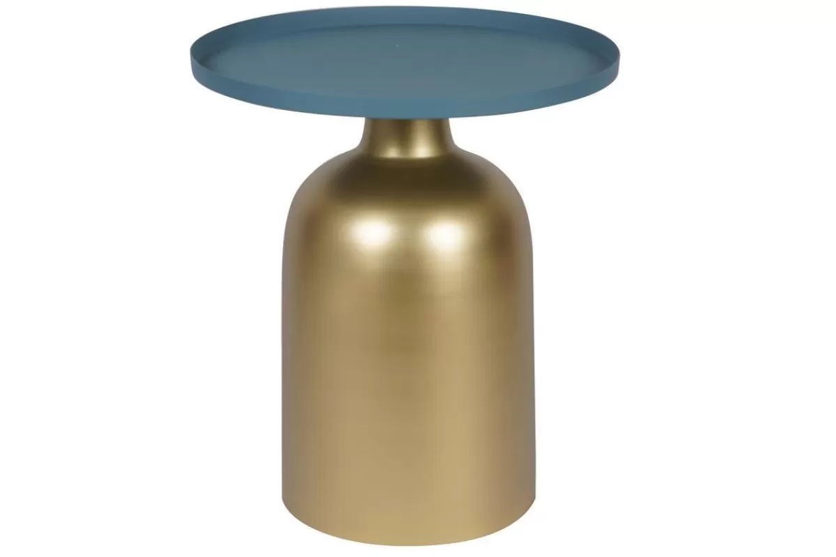 Miliboo Mesilla Auxiliar-Mesa auxiliar de diseño redondo de metal dorado con el tablero azul petróleo mate RAMSES