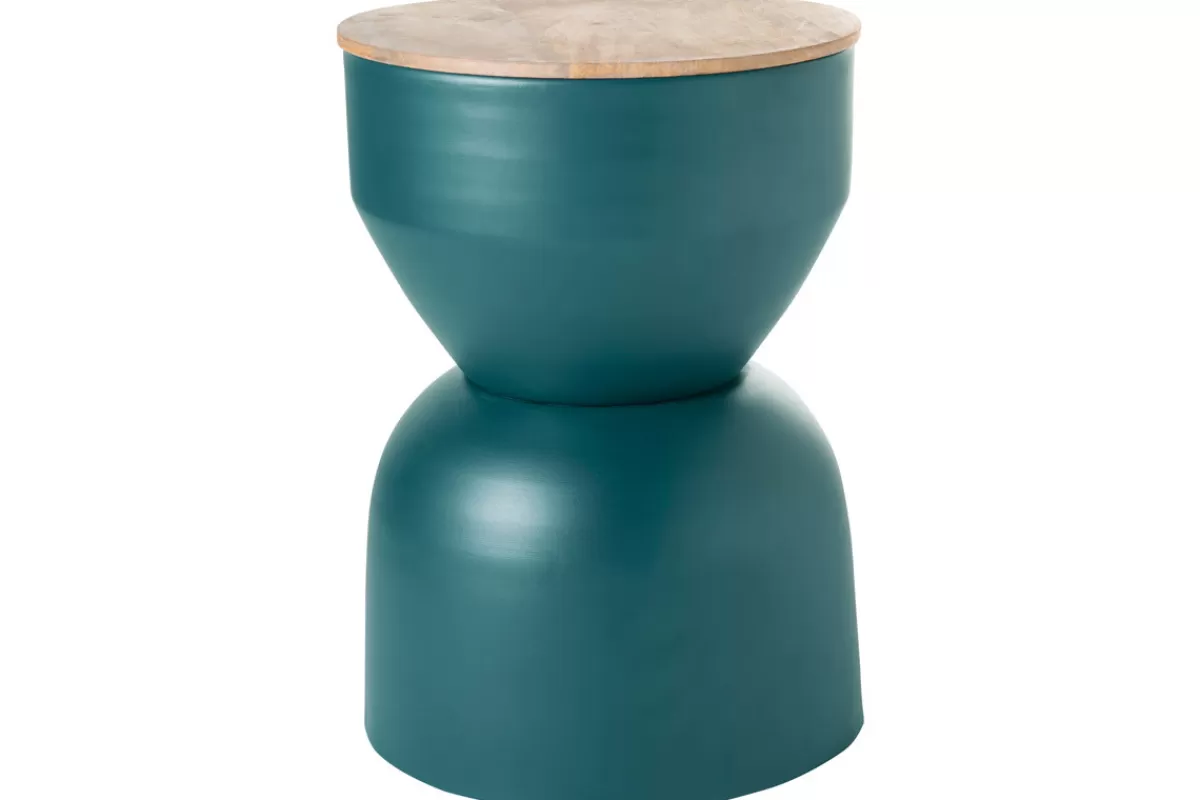 Miliboo Mesilla Auxiliar-Mesa auxiliar redonda de diseño con almacenaje de metal azul petróleo y madera maciza de mango 30 cm YOYO
