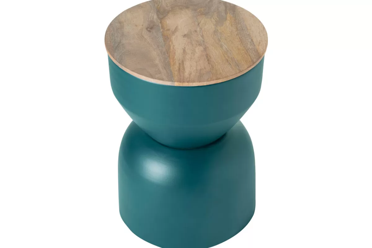 Miliboo Mesilla Auxiliar-Mesa auxiliar redonda de diseño con almacenaje de metal azul petróleo y madera maciza de mango 30 cm YOYO