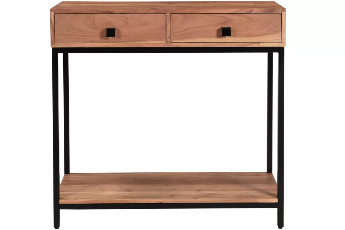 Miliboo Consolas-Mesa consola de acacia y metal con 2 cajones 80 cm AXELLE
