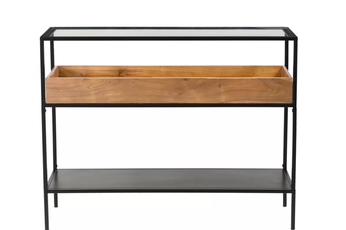 Miliboo Consolas-Mesa consola de metal negro con tablero de cristal y estante de madera maciza 100 cm HAORA