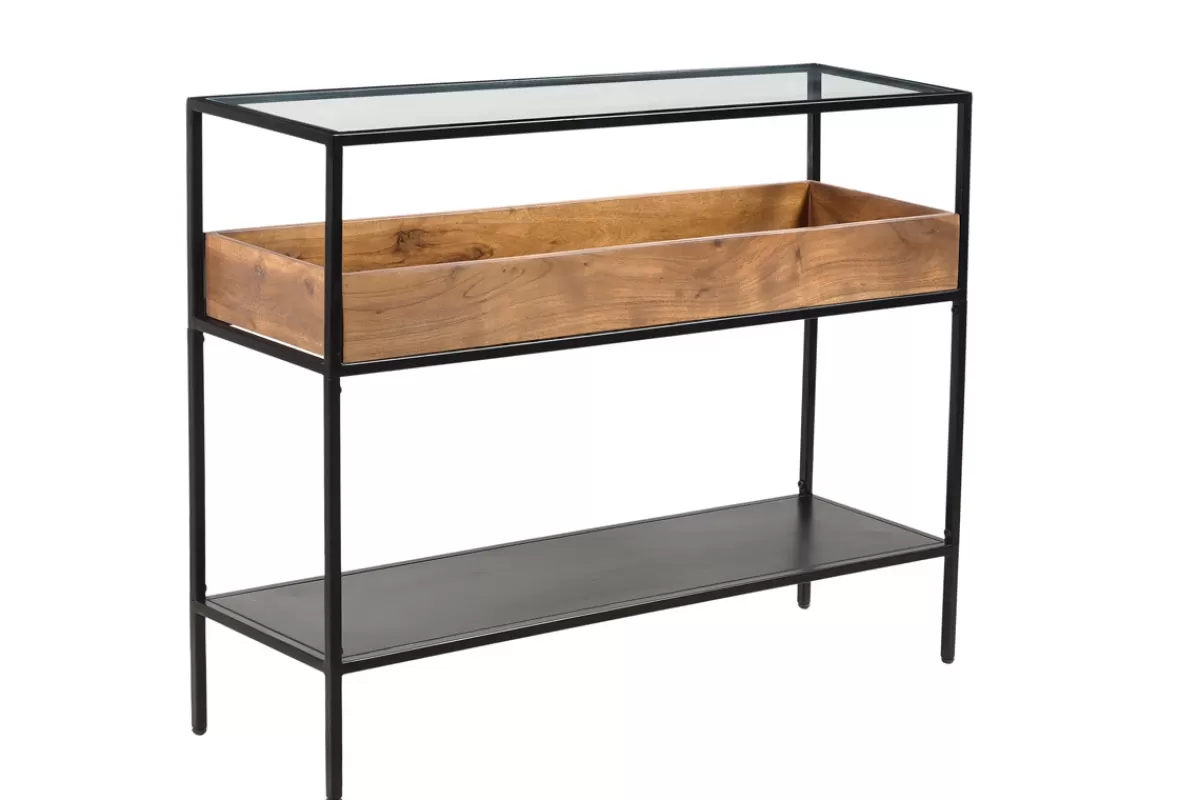 Miliboo Consolas-Mesa consola de metal negro con tablero de cristal y estante de madera maciza 100 cm HAORA