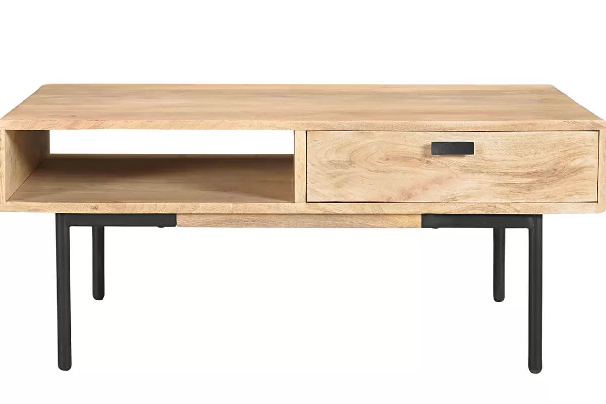 Miliboo Mesas De Salón-Mesa de centro rectangular con 2 cajones de madera maciza de mango y metal negro 100 cm JUDE