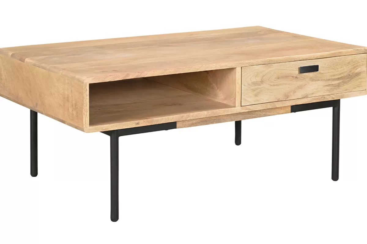 Miliboo Mesas De Salón-Mesa de centro rectangular con 2 cajones de madera maciza de mango y metal negro 100 cm JUDE