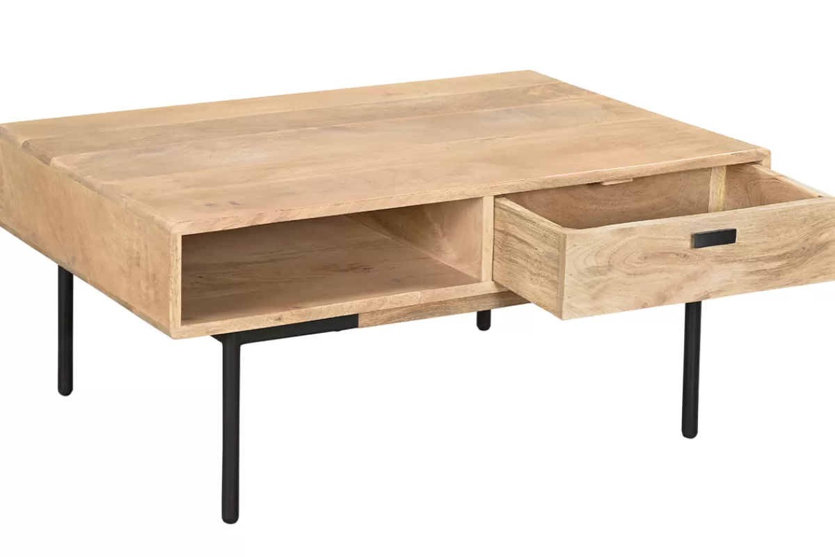 Miliboo Mesas De Salón-Mesa de centro rectangular con 2 cajones de madera maciza de mango y metal negro 100 cm JUDE