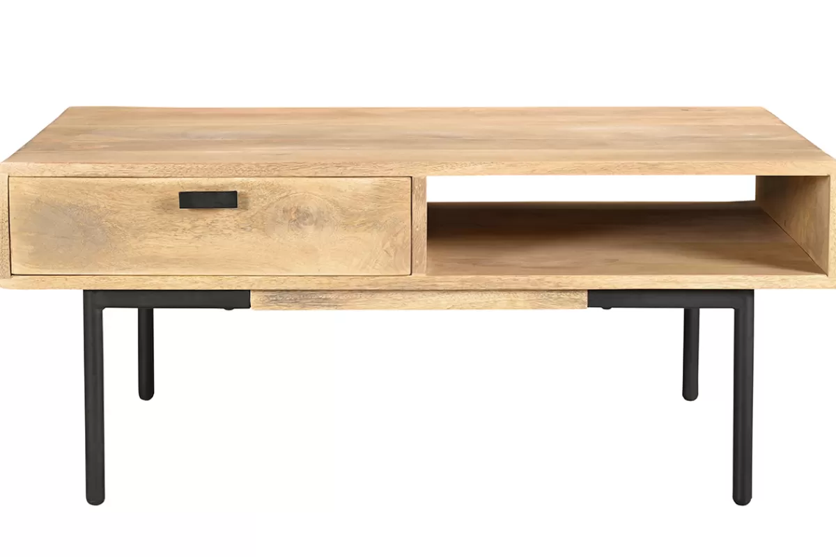 Miliboo Mesas De Salón-Mesa de centro rectangular con 2 cajones de madera maciza de mango y metal negro 100 cm JUDE
