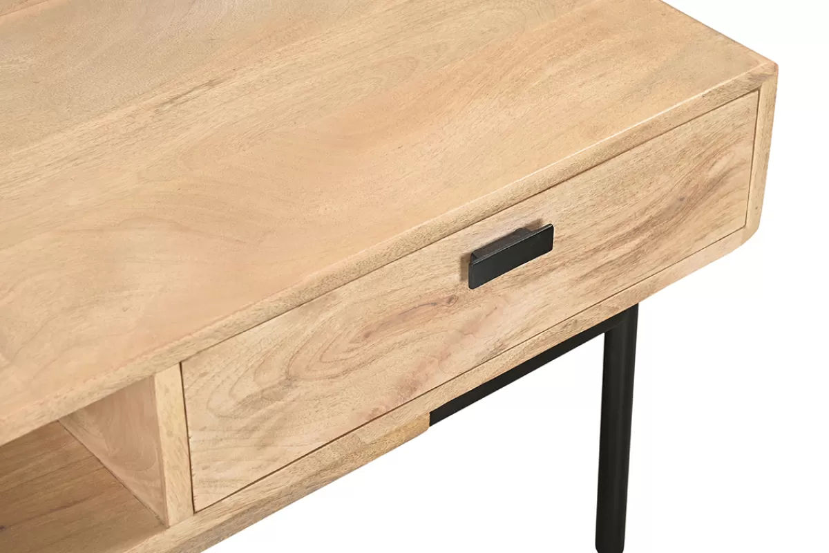 Miliboo Mesas De Salón-Mesa de centro rectangular con 2 cajones de madera maciza de mango y metal negro 100 cm JUDE