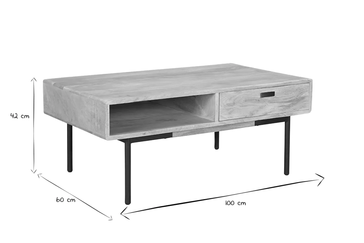 Miliboo Mesas De Salón-Mesa de centro rectangular con 2 cajones de madera maciza de mango y metal negro 100 cm JUDE