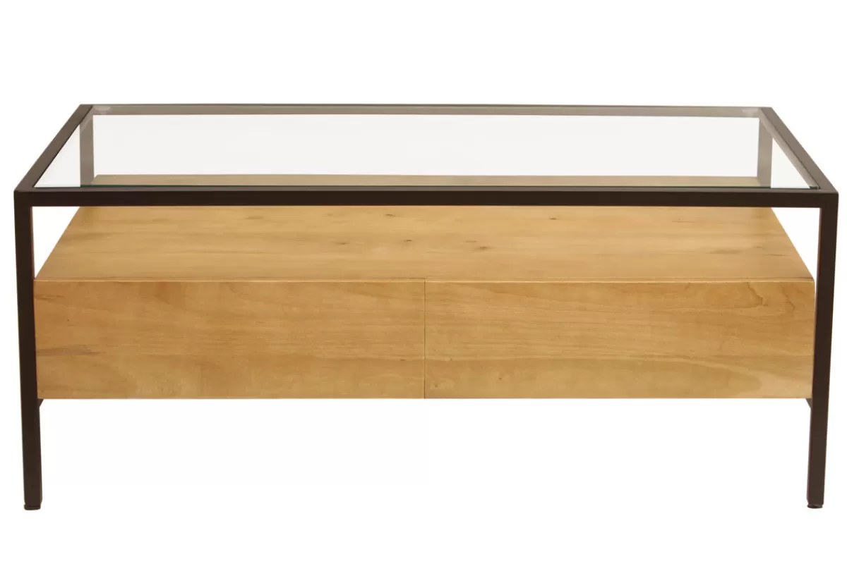 Miliboo Mesas De Salón-Mesa de centro rectangular con almacenaje de madera maciza de mango, cristal y metal negro 100 cm SITA