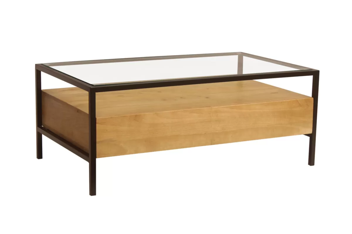 Miliboo Mesas De Salón-Mesa de centro rectangular con almacenaje de madera maciza de mango, cristal y metal negro 100 cm SITA
