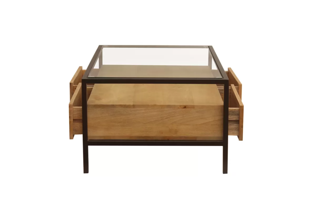 Miliboo Mesas De Salón-Mesa de centro rectangular con almacenaje de madera maciza de mango, cristal y metal negro 100 cm SITA
