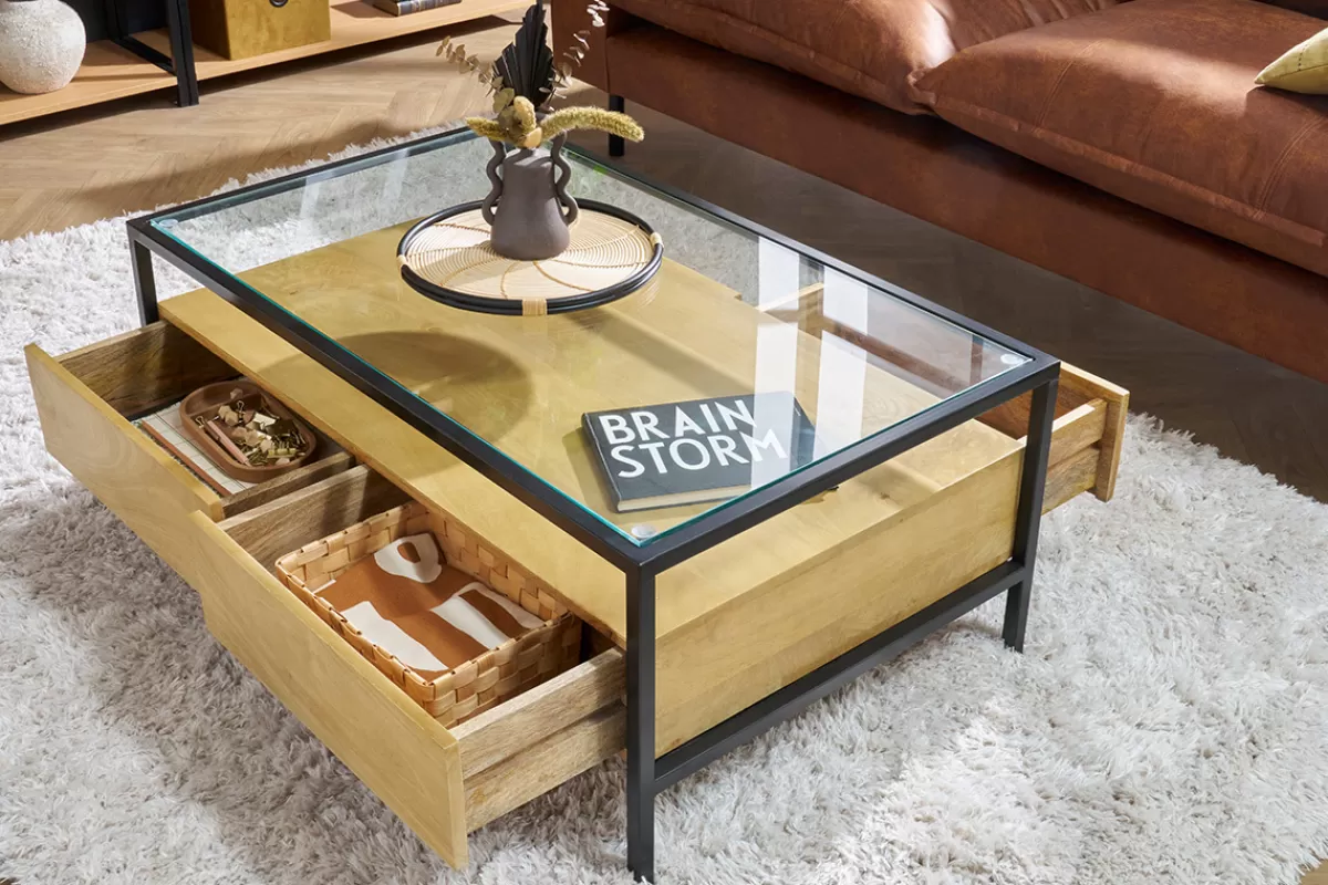 Miliboo Mesas De Salón-Mesa de centro rectangular con almacenaje de madera maciza de mango, cristal y metal negro 100 cm SITA