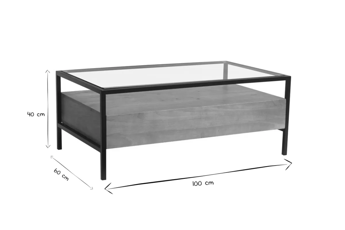 Miliboo Mesas De Salón-Mesa de centro rectangular con almacenaje de madera maciza de mango, cristal y metal negro 100 cm SITA