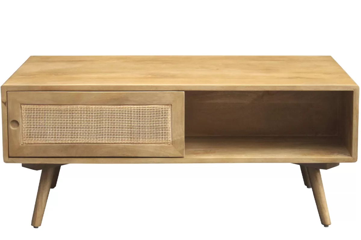 Miliboo Mesas De Salón-Mesa de centro rectangular con almacenaje de madera maciza de mango y caña de ratán 100 cm ACANGE