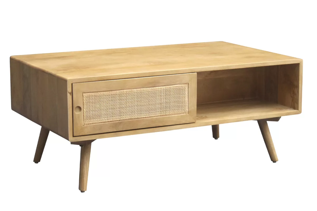 Miliboo Mesas De Salón-Mesa de centro rectangular con almacenaje de madera maciza de mango y caña de ratán 100 cm ACANGE