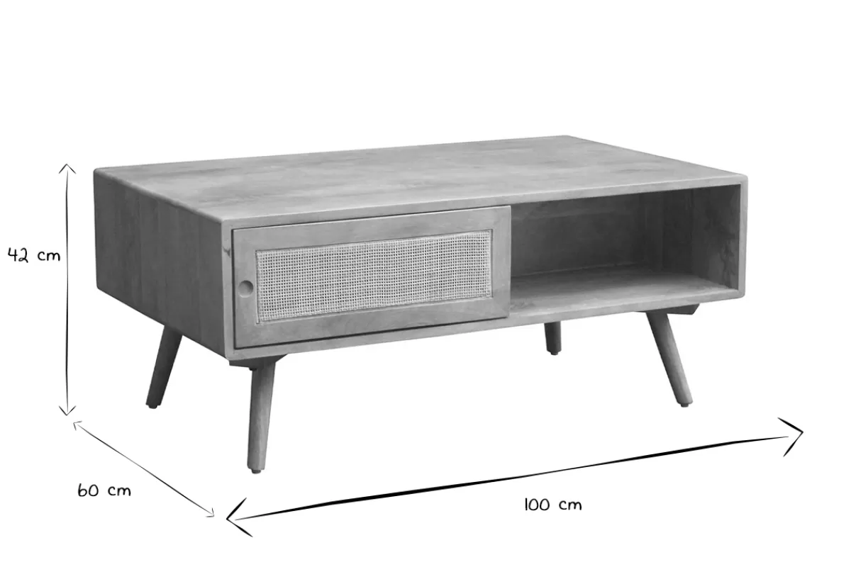 Miliboo Mesas De Salón-Mesa de centro rectangular con almacenaje de madera maciza de mango y caña de ratán 100 cm ACANGE