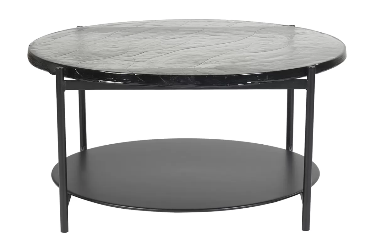 Miliboo Mesas De Salón-Mesa de centro redonda con doble tablero de cristal reciclado y metal negro 85 cm WELLE