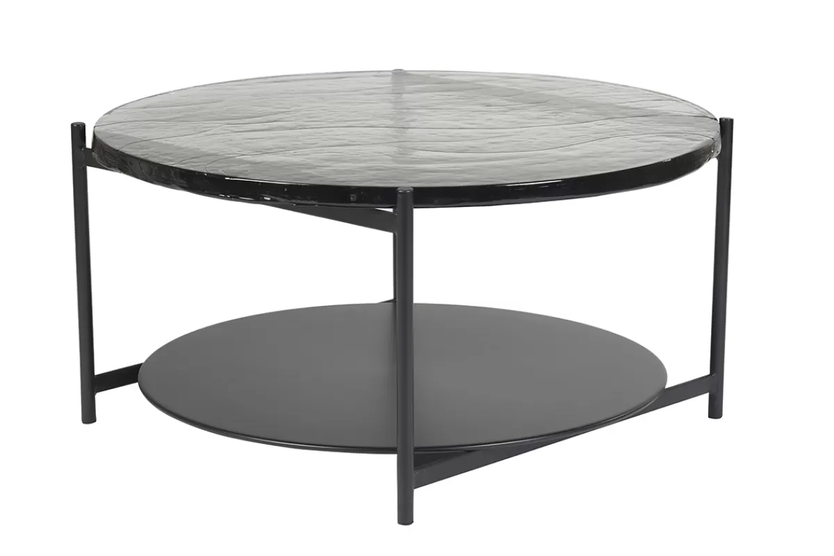 Miliboo Mesas De Salón-Mesa de centro redonda con doble tablero de cristal reciclado y metal negro 85 cm WELLE