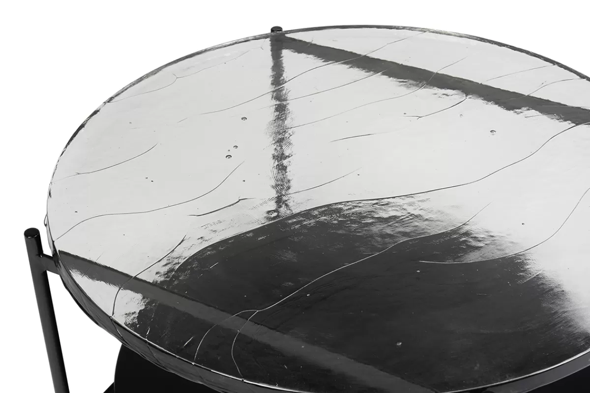 Miliboo Mesas De Salón-Mesa de centro redonda con doble tablero de cristal reciclado y metal negro 85 cm WELLE