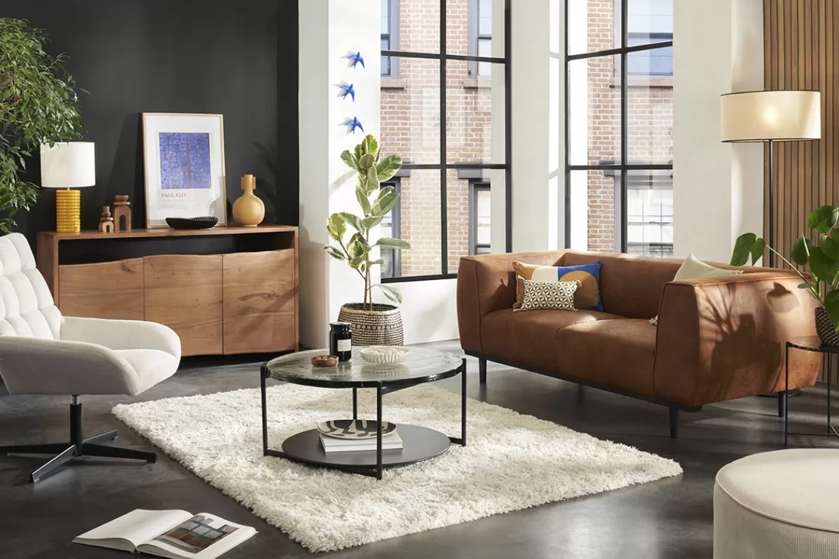 Miliboo Mesas De Salón-Mesa de centro redonda con doble tablero de cristal reciclado y metal negro 85 cm WELLE