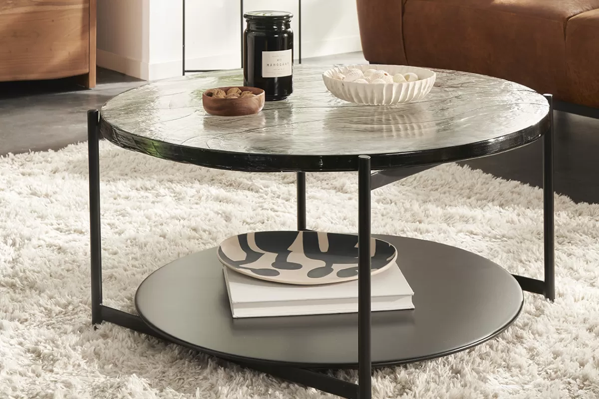 Miliboo Mesas De Salón-Mesa de centro redonda con doble tablero de cristal reciclado y metal negro 85 cm WELLE
