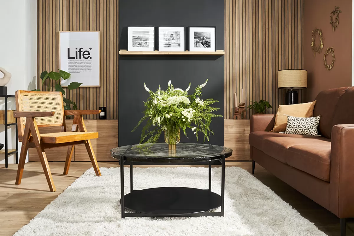 Miliboo Mesas De Salón-Mesa de centro redonda con doble tablero de cristal reciclado y metal negro 85 cm WELLE