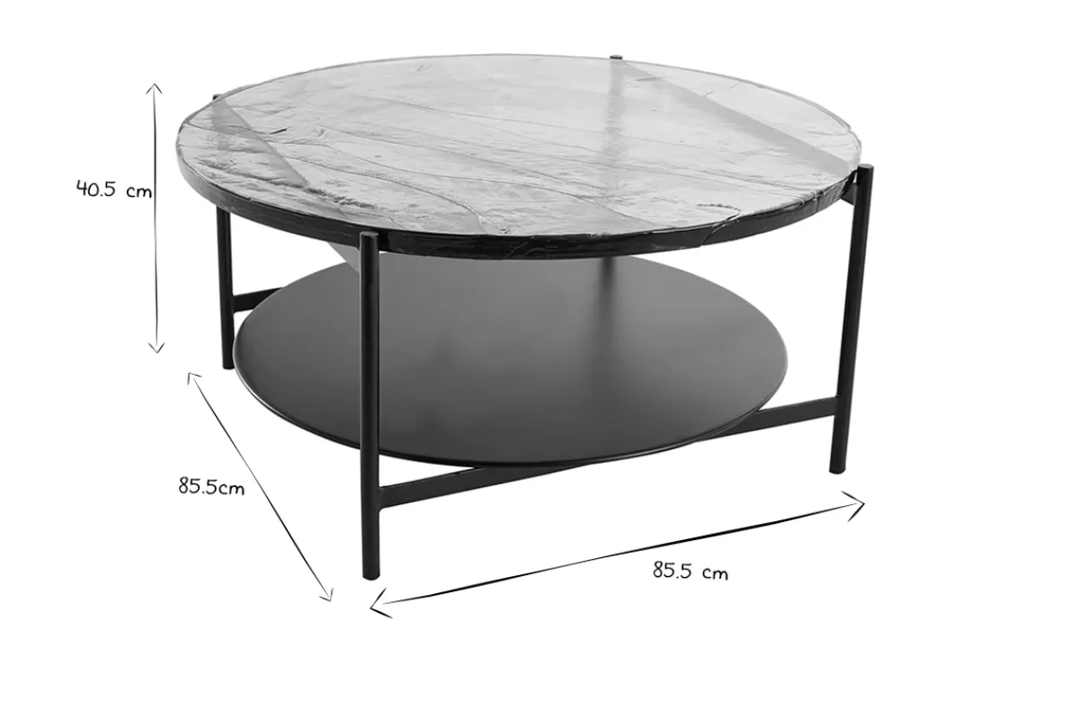 Miliboo Mesas De Salón-Mesa de centro redonda con doble tablero de cristal reciclado y metal negro 85 cm WELLE