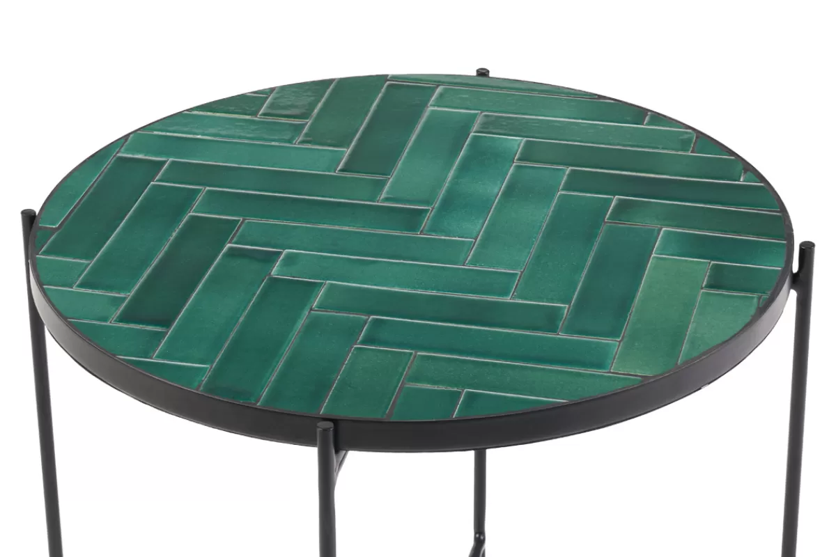 Miliboo Mesas De Salón-Mesa de centro redonda de cerámica verde oscuro y metal negro D50 cm KOTTA