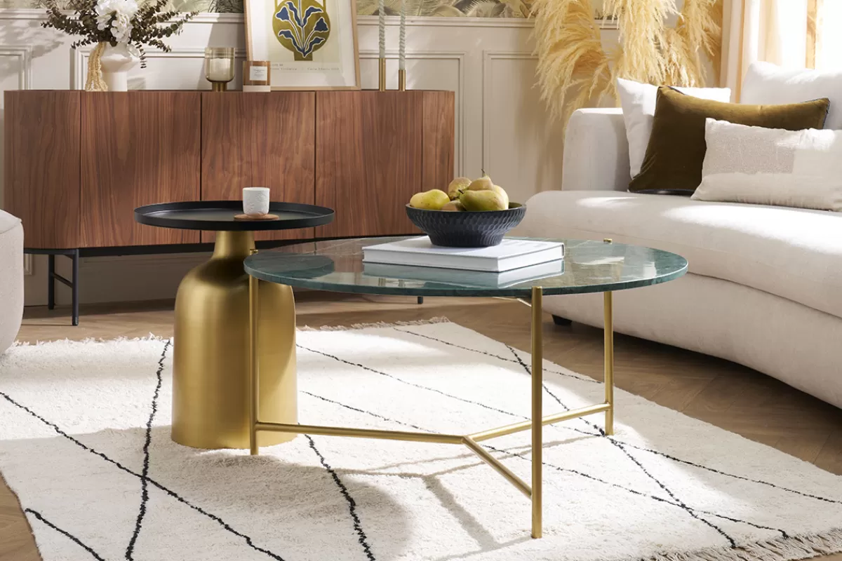 Miliboo Mesas De Salón-Mesa de centro redonda de diseño de mármol verde y latón 90 cm SILLON